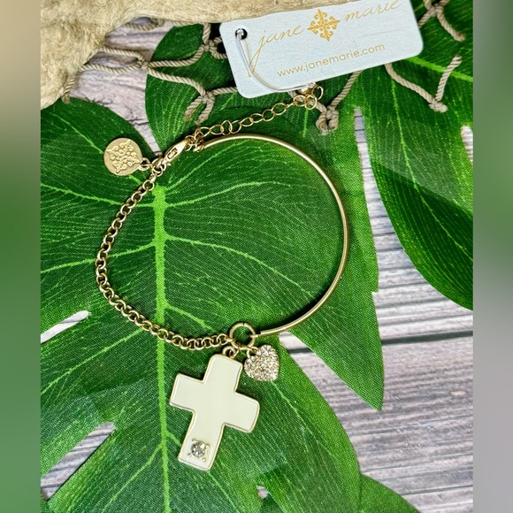 NWT Jane Marie Chain & Bar Bracelet w Cross & Heart Rhinestone Charms - Picture 6 of 10